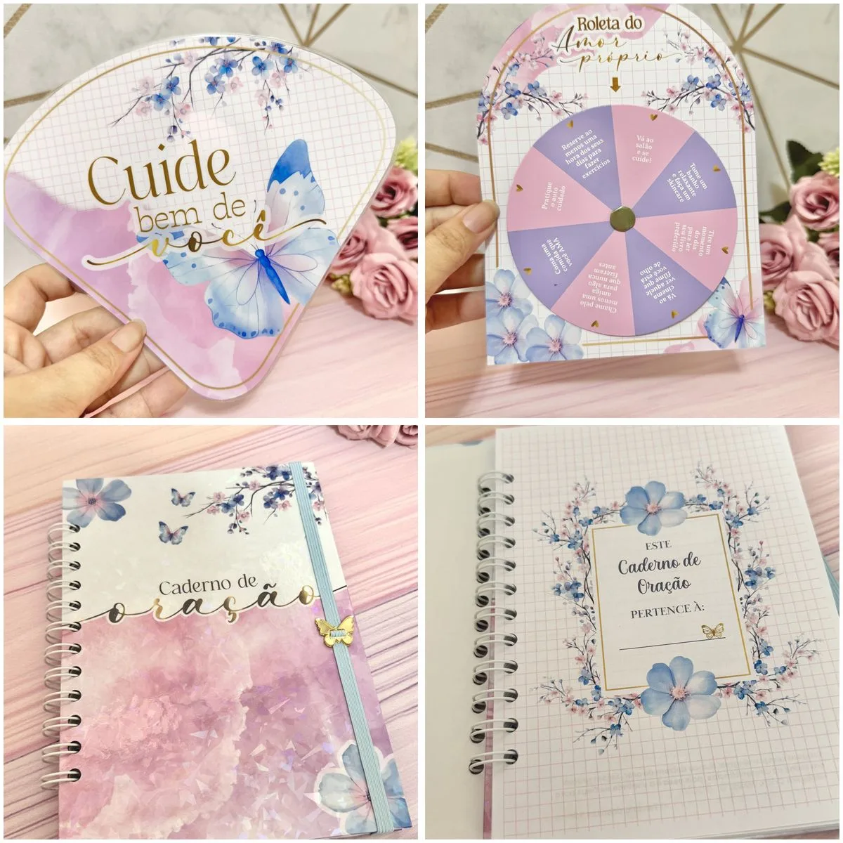 Quatro artes digitais exibindo cartões, roleta e cadernos com tema floral e borboletas.
