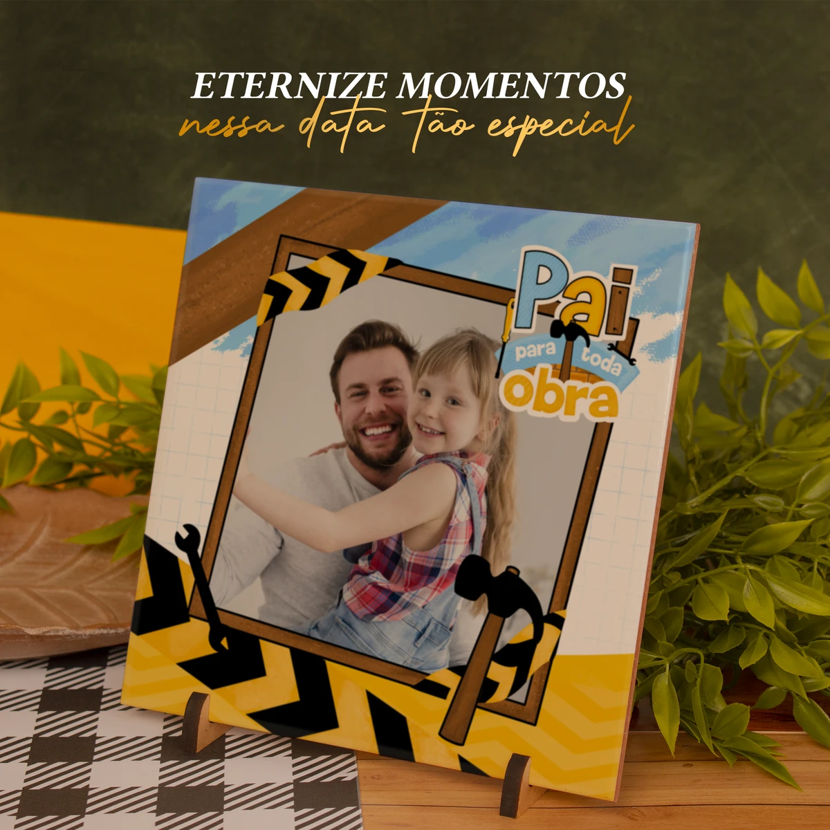 Coleção Dia dos Pais - Pack de Artes Digitais para Sublimação 8 Arte digital com foto de pai e filha, moldura temática de construção.