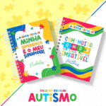 Arte digital de agendas escolares coloridas com tema autismo e mensagens inspiradoras.