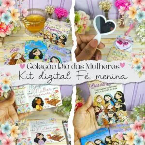 Designs de arte digital com tema feminino e religioso, exibidos em colagem com flores.