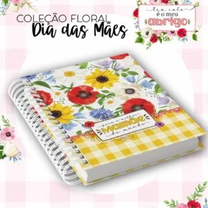 Caderno espiral decorado com estampa floral colorida e fundo xadrez amarelo e branco