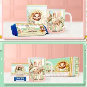 Produtos personalizados de Páscoa com ilustrações religiosas e temáticas em embalagens e caneca.