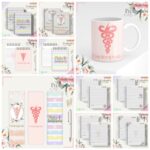 Vários designs digitais para produtos de papelaria com tema Fisioterapeuta e flores.