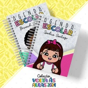 Duas agendas escolares coloridas, com capas ilustradas e espiral, tema de volta às aulas.