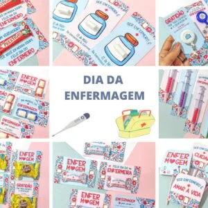 Coletiva Dia Dia do Enfermeiro 2023 12 Colagem com cartões de enfermagem, seringas, termômetro, kit e doces embalados.
