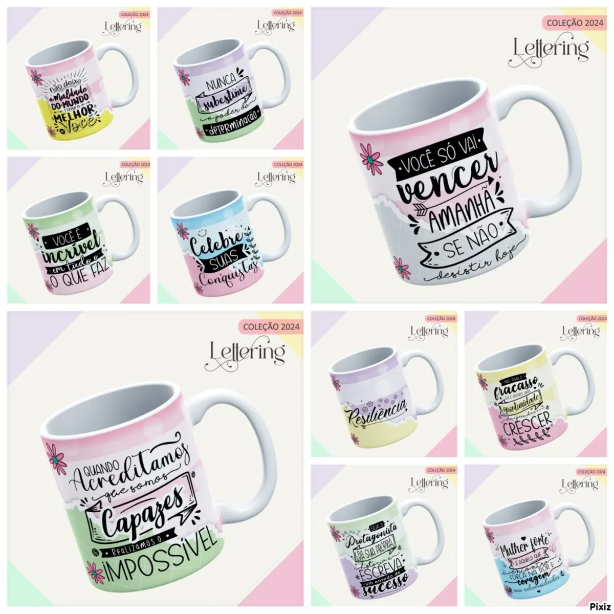 Nove designs de canecas com frases motivacionais e texto "Coleção 2024 Lettering" em destaque.