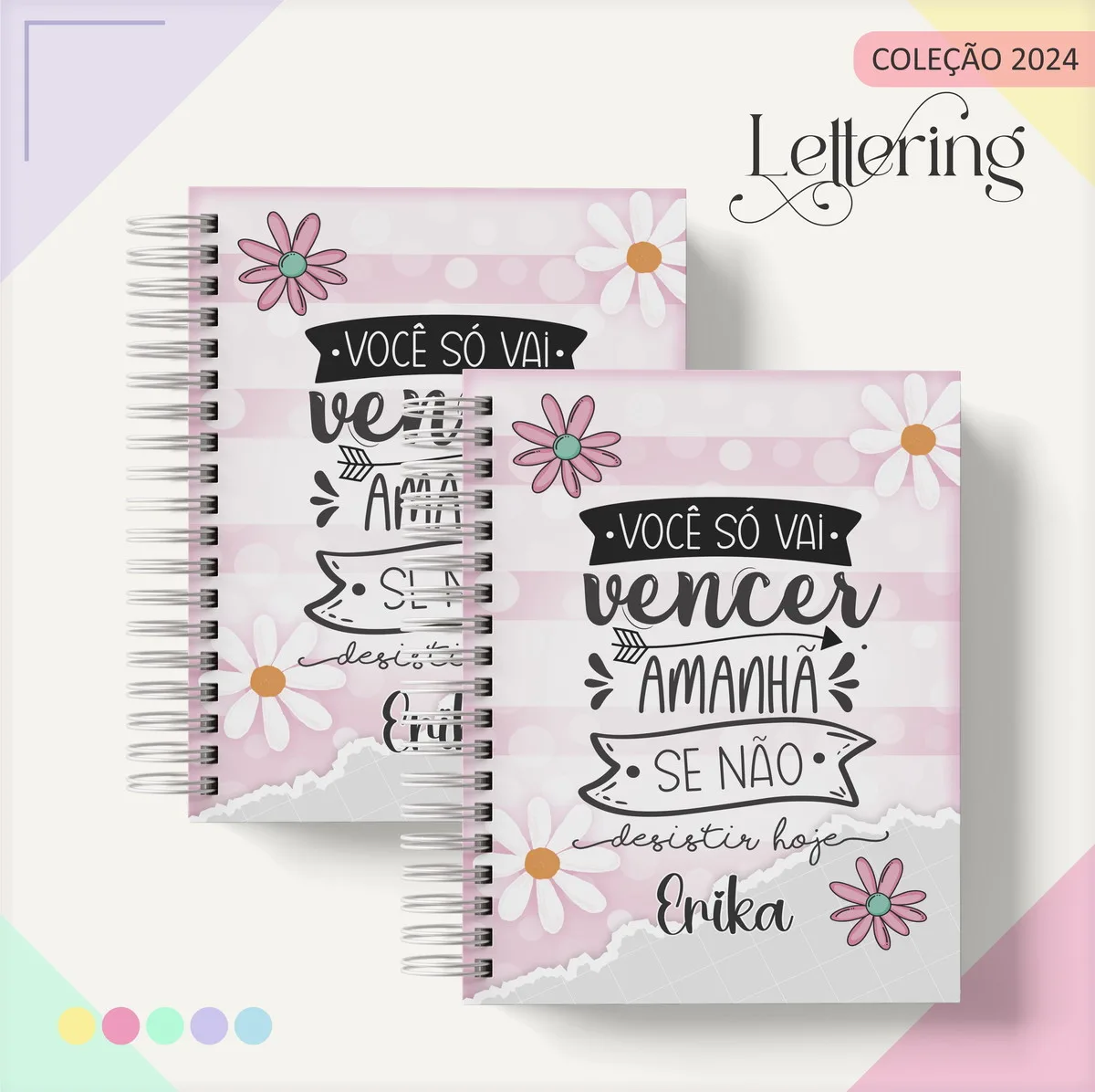 Duas capas digitais de cadernos com listras, margaridas e frase motivacional.