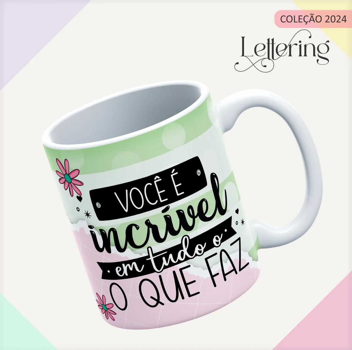 Caneca branca inclinada com estampa de frase motivacional colorida.
