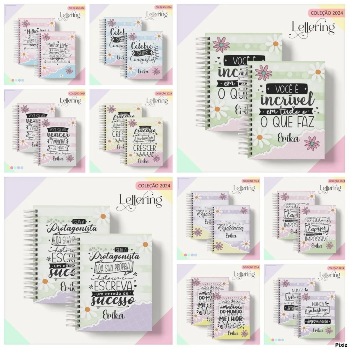 Nove designs digitais de capas de caderno com frases motivacionais e margaridas.