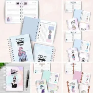 Várias vistas de cadernos personalizados com ilustrações femininas e frases motivacionais em espiral.