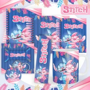 Conjunto de itens personalizados com estampa azul e personagens ilustrados em fundo rosa e azul
