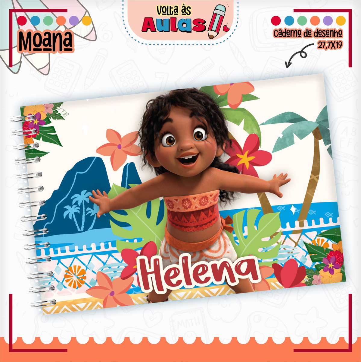Combo Escolar Moana - Arquivo Encadernação 2 Arte digital de caderno de desenho espiral Moana bebê, tema tropical vibrante.