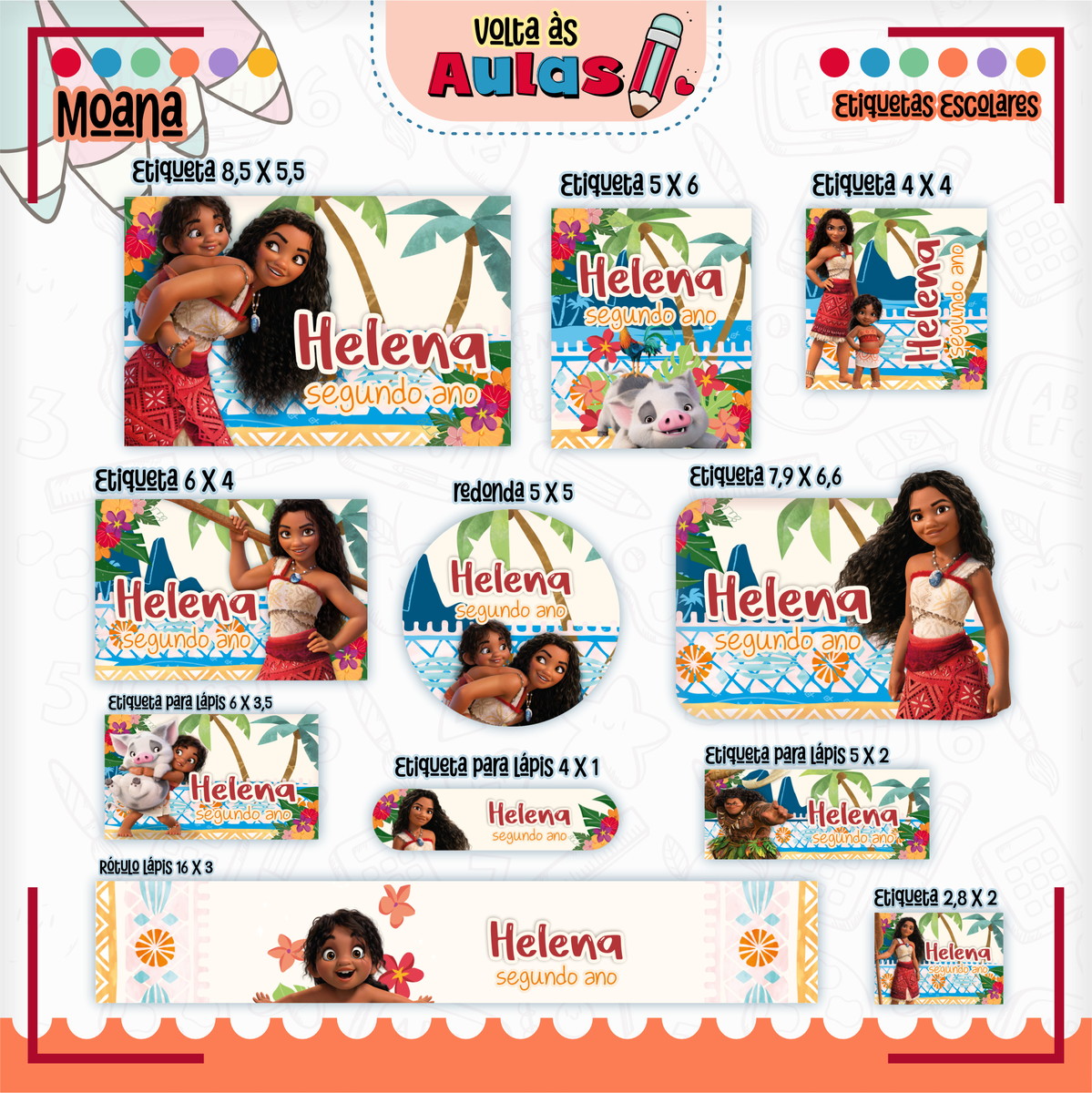 Combo Escolar Moana - Arquivo Encadernação 5 Etiquetas escolares digitais tema Moana para personalização de material escolar infantil.