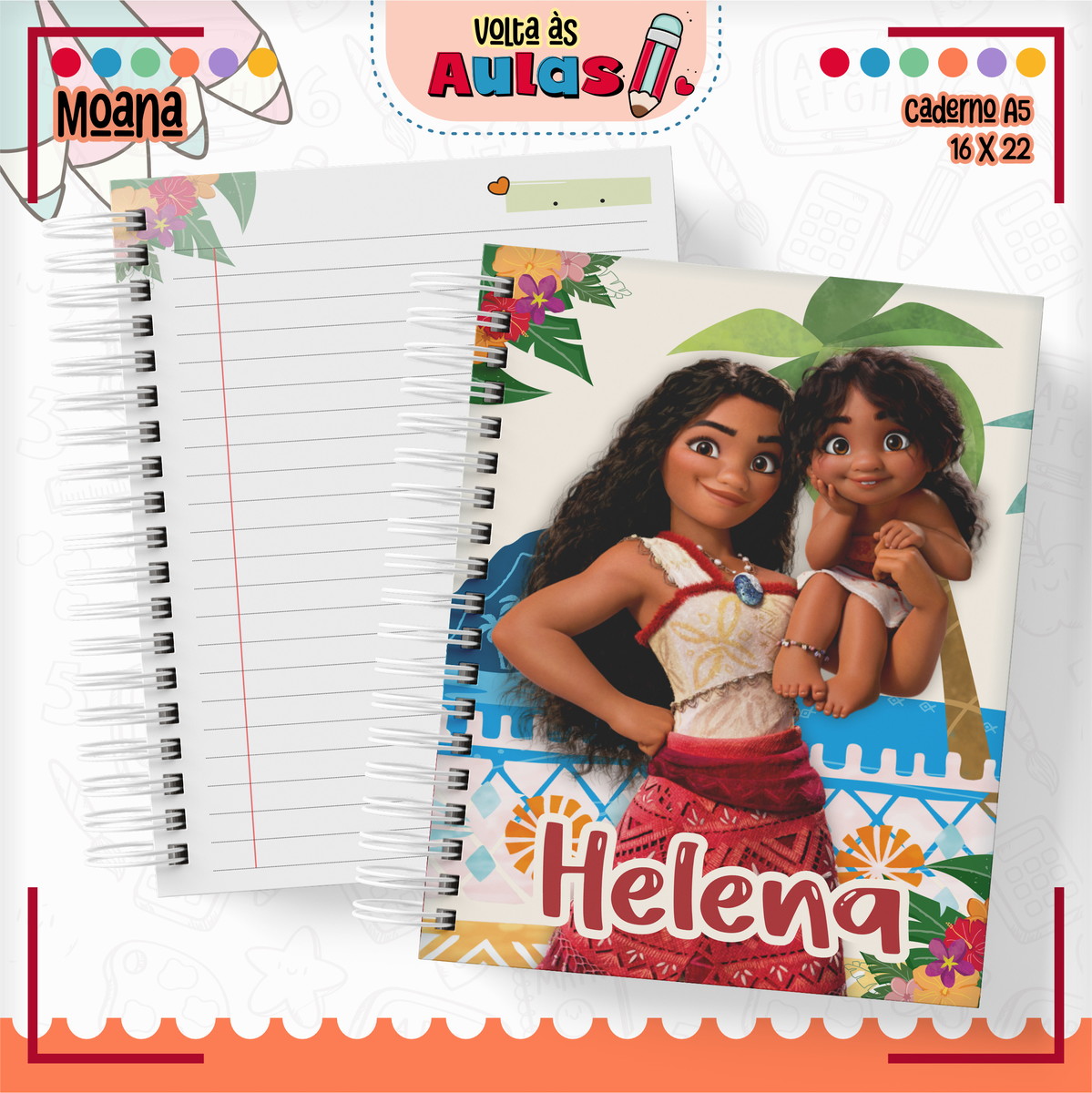 Combo Escolar Moana - Arquivo Encadernação 1 Arte digital para capa de caderno A5 com tema Moana e miolo pautado.
