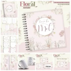 Conjunto de artes digitais com tema floral e texto decorativo infantil.