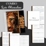 Combo digital devocional masculino Leão, com capa de leão, coroa de espinhos e cruz.