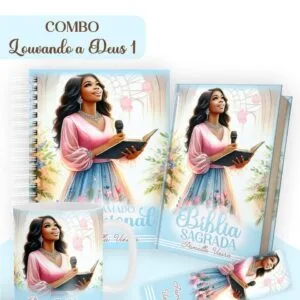 Kit com caderno, bíblia, caneca e marcador com estampa de mulher cantando e orando.