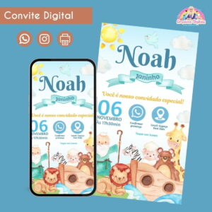 Convite Digital Arca de Noé Menino  Personalizado Festa