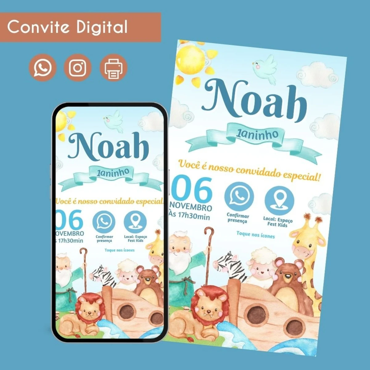 Convite Digital Arca de Noé Menino Personalizado Festa 1 Convite digital em azul claro com texto 'Noah 1 aninho', animais e um celular exibindo-o.