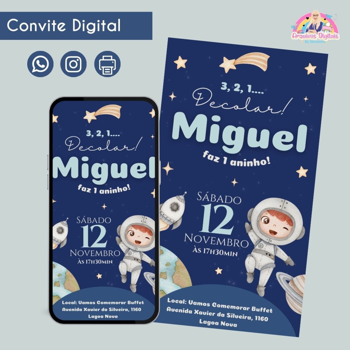 Convite Digital Astronauta Personalizado Aniversário 1 Convite digital infantil tema espaço com astronauta, foguete, planetas e estrelas no fundo azul.