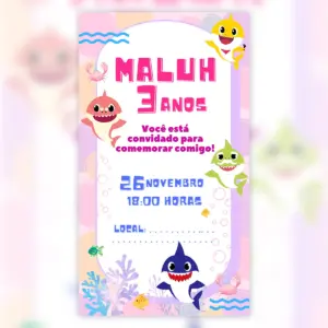 Convite Digital Baby Shark Menina Aniversario Marinho 5