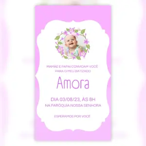 Convite Digital Batizado Floral Rosa Lilás Vetor 8 Convite Digital Batizado Floral Rosa Lilás Vetor