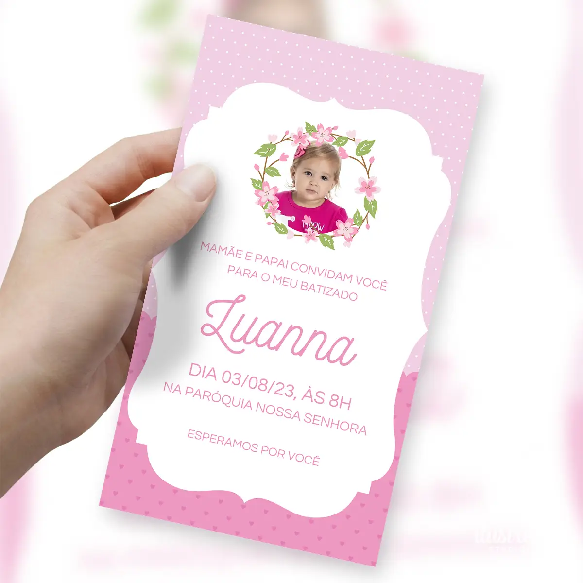 Convite Digital Batizado Floral Rosa Verde Laço 3 Convite Digital Batizado Floral Rosa Verde Laço