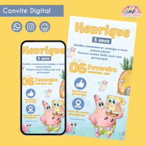 Convite Digital Bob Esponja Aquarela Personalizado Festa 12 Convite Digital Bob Esponja Aquarela Personalizado Festa