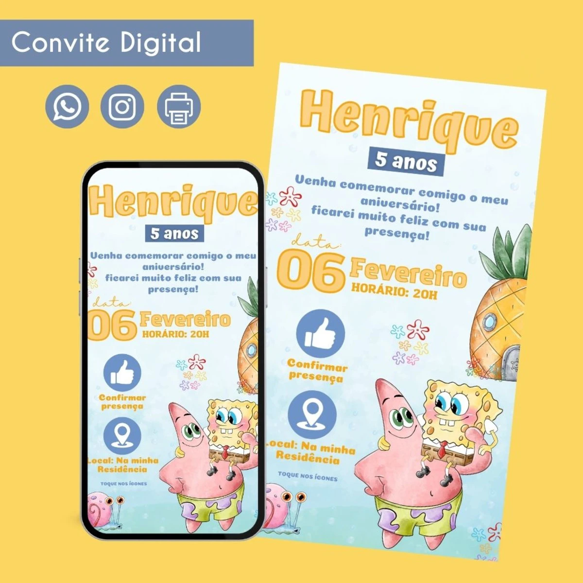 Convite Digital Bob Esponja Aquarela Personalizado Festa 1 Convite digital de aniversário infantil com personagens animados e detalhes festivos.