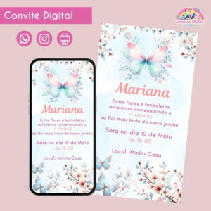 Convite Digital Borboletas Festa Aniversário Infantil