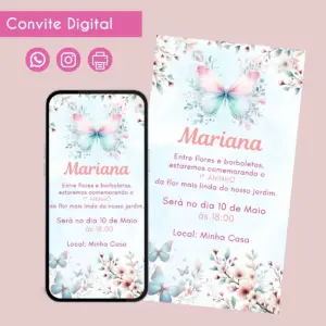 Imagem de convite digital com borboletas e flores, exibido em tela de celular.