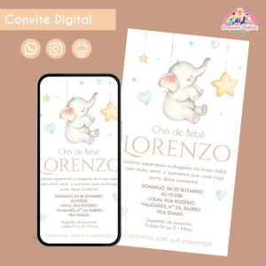 Convite Digital Chá de Bebê Elefante Festa Infantil