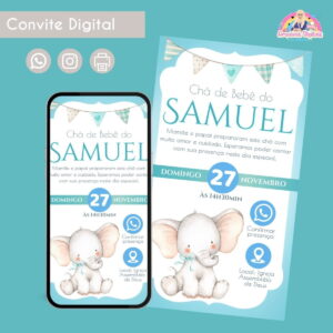 Convite Digital Chá de Bebê Elefante Personalizado Festa