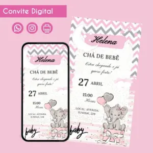 Convite Digital Chá de Bebê Elefantinha Personalizado Festa 67 Convite digital de chá de bebê com elefante, balões de coração e fundo rosa.
