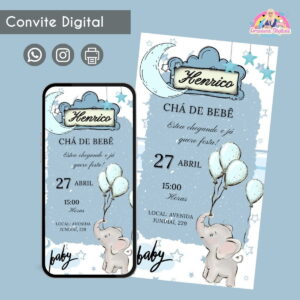 Convite Digital Chá de Bebê Elefantinho Personalizado Festa