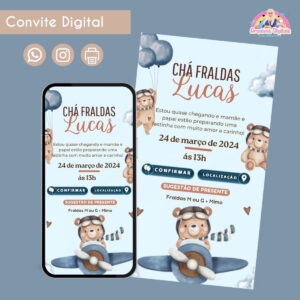 Convite Digital Chá de Fraldas Ursinho 1 Festa Infantil