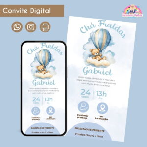 Convite Digital Chá de Fraldas Ursinho 1 Festa Infantil