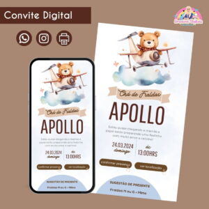 Convite Digital Chá de Fraldas Ursinho Fofinho Festa Infantil