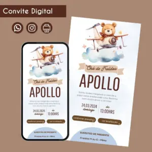Convite digital colorido para chá de fraldas, com ursinho piloto e avião.
