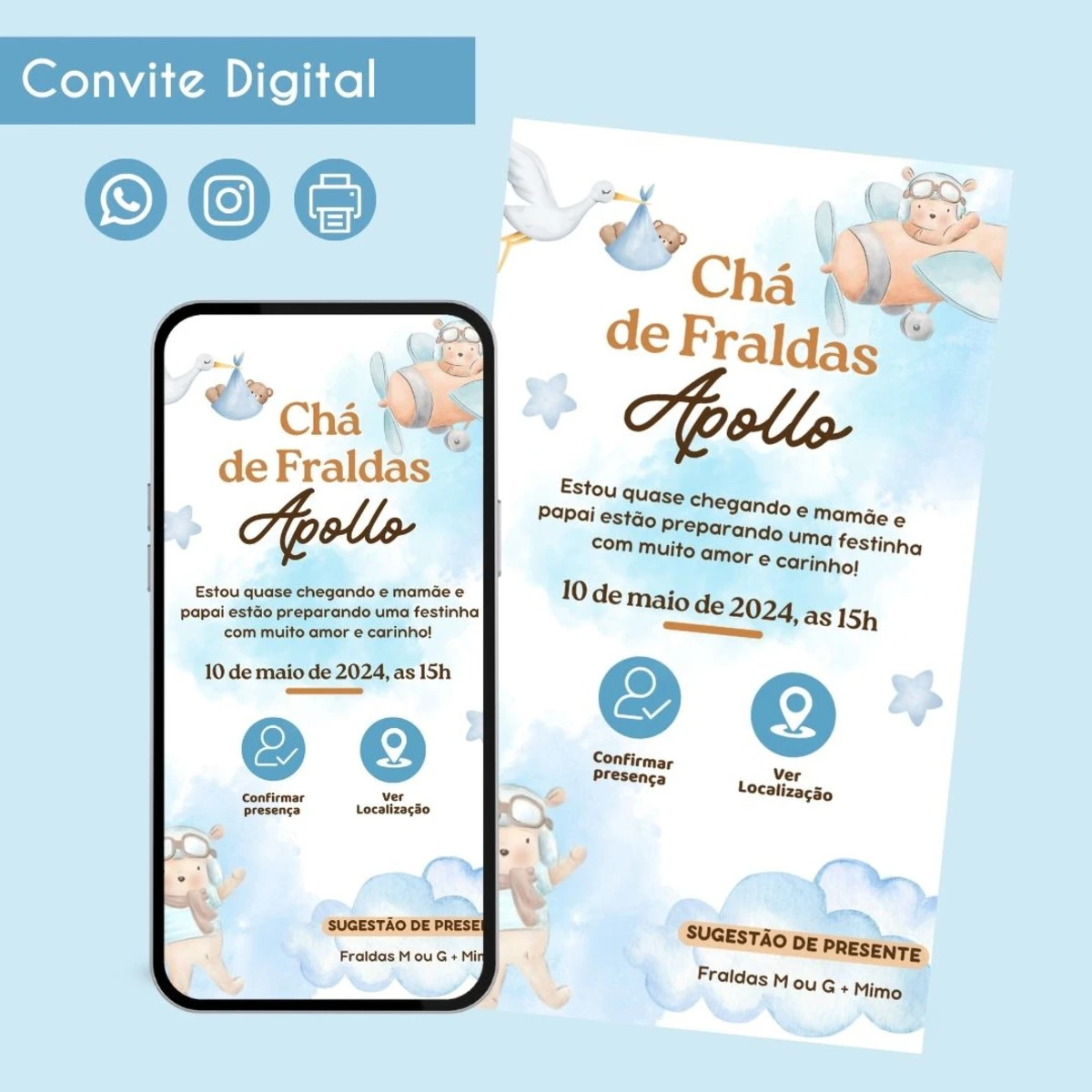 Convite Digital Chá de Fraldas Ursinho Personalizado Festa 1 Imagem mostra convite digital para chá de bebê, exibido em celular e impresso.