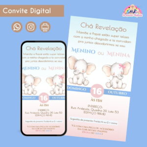 Convite Digital Chá Revelação Elefantinhos Festa Infantil