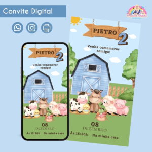 Convite Digital Fazendinha Azul Personalizado Aniversário