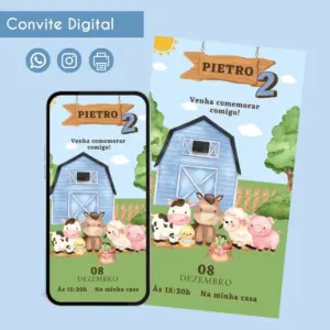 Convite Digital Fazendinha Azul Personalizado Aniversário 2 Convite digital com tema de fazenda, celeiro azul, animais e número dois.