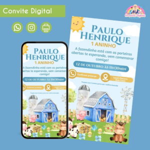 Convite Digital Fazendinha Menino 1 Festa Infantil