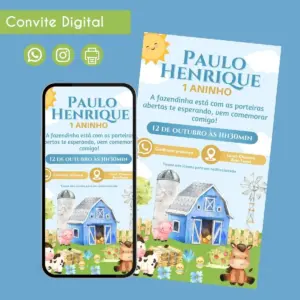 Convite Digital Fazendinha Menino 1 Festa Infantil 11 Convite digital de aniversário infantil com tema de fazenda exibido em tela de celular.