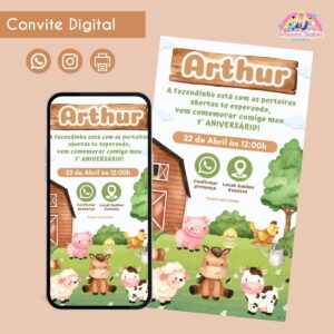 Convite Digital Fazendinha Menino Personalizado Aniversário