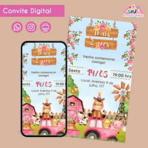 Convite Digital Fazendinha Rosa Personalizado Aniversário 15 Convite Digital Fazendinha Rosa Personalizado Aniversário