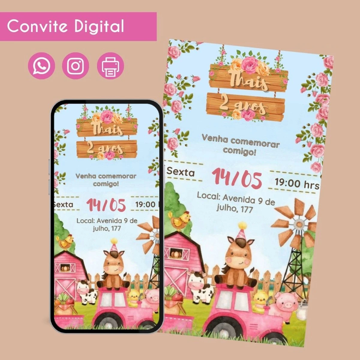 Convite Digital Fazendinha Rosa Personalizado Aniversário 1 Convite digital de festa infantil fazendinha, exibido em celular e folha impressa.