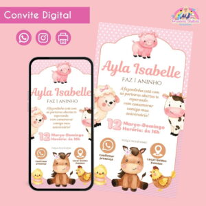 Convite Digital Fazendinha Rosa  Personalizado Festa