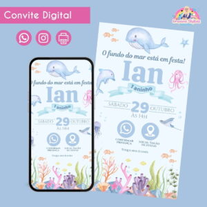 Convite Digital Fundo do Mar Azul Personalizado Aniversário 19 Convite Digital Fundo do Mar Azul Personalizado Aniversário